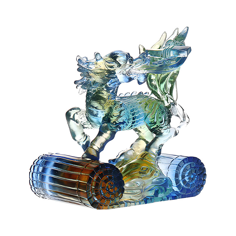 Wisdom Kirin Blue Amber Green Colored Glass Crystal Ornament