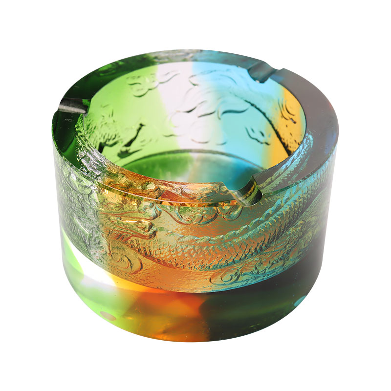 Glass ashtray with dragon-out-of-sea pattern