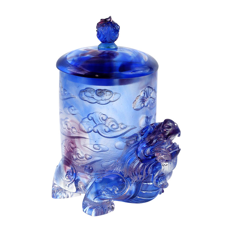 Blue glass crystal cup with lid, mythical beast base