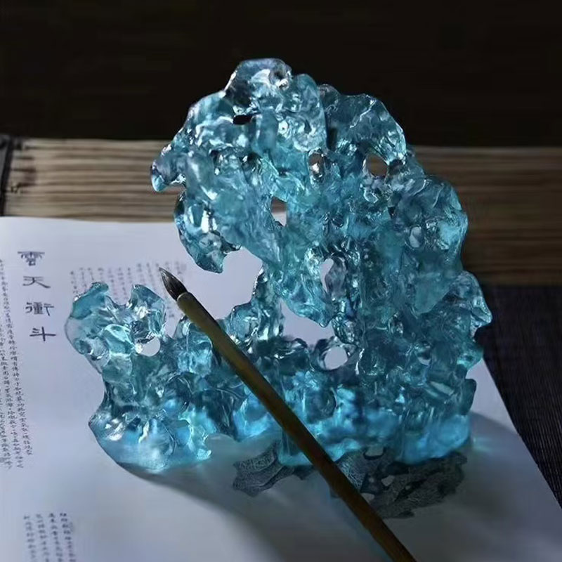 Rock-shaped blue colored glass ornaments