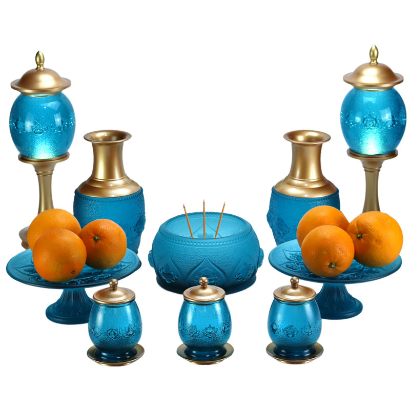 Royal Blue Eight Auspicious Symbols Buddhist Altar Crystal Glass Offerings
