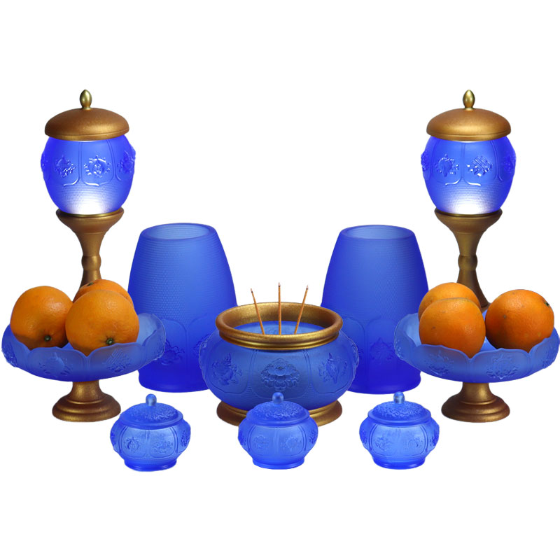 Eight Treasures Lotus series Buddhist Altar Crystal Glass Offerings Set