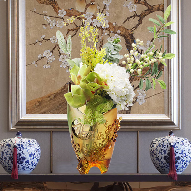 Home Decorations Plum blossom Carved Design Amber Glass Vase