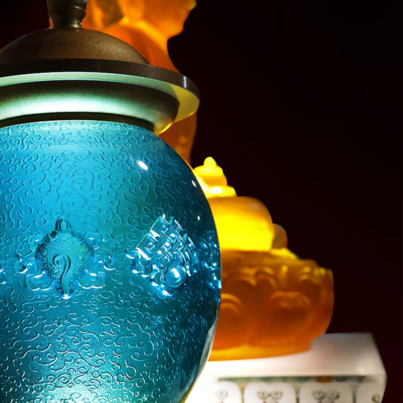 Royal Blue Eight Auspicious Symbols Buddhist Altar Crystal Glass Offerings