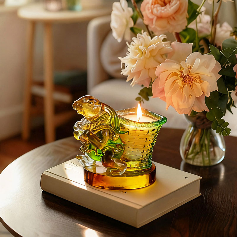 Happiness – Lucky Glass Rabbit & Woven Basket Candle Holder
