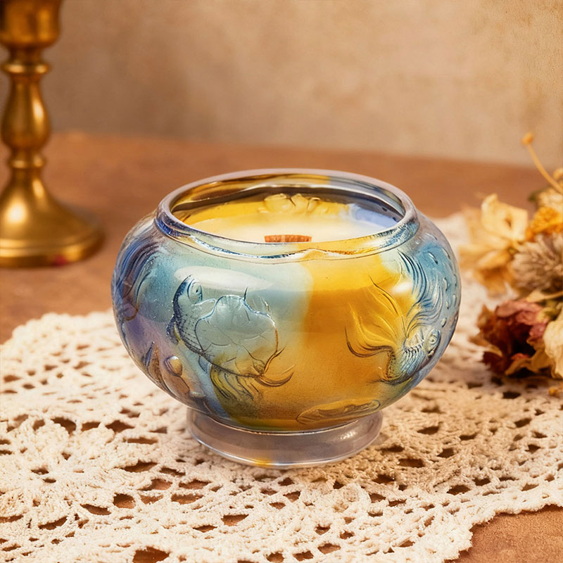 Dancing Fish Treasure Bowl – Intaglio Carved Glass Candle Holder