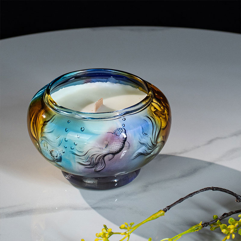 Dancing Fish Treasure Bowl – Intaglio Carved Glass Candle Holder