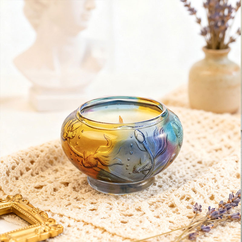 Dancing Fish Treasure Bowl – Intaglio Carved Glass Candle Holder