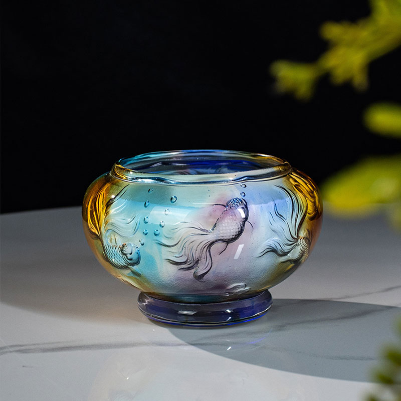 Dancing Fish Treasure Bowl – Intaglio Carved Glass Candle Holder
