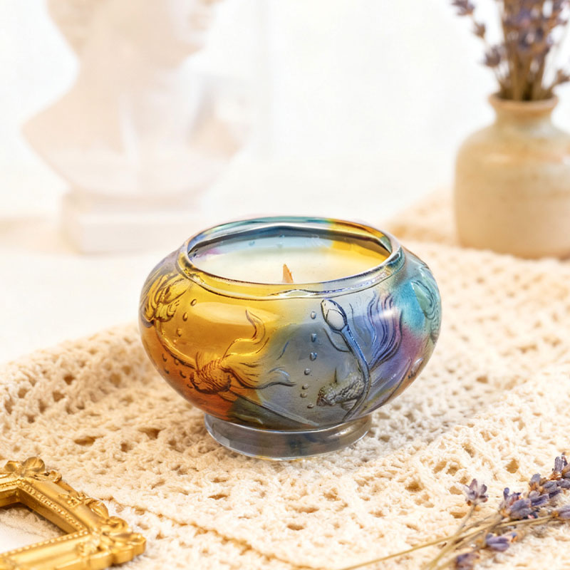 Dancing Fish Treasure Bowl – Intaglio Carved Glass Candle Holder