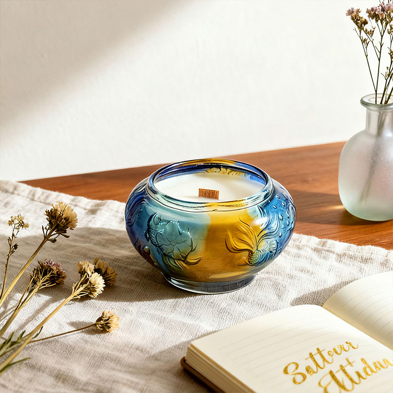 Dancing Fish Treasure Bowl – Intaglio Carved Glass Candle Holder